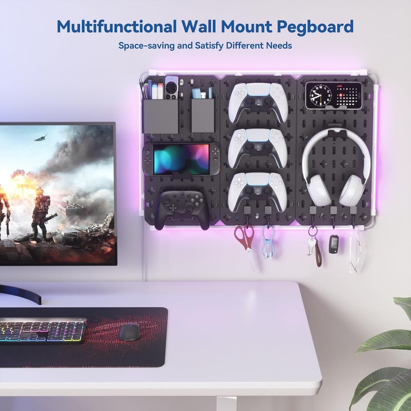 KDD Wall Organizer Peg Board - 7 in 1 Gaming Pegboard Accessories with RGB Led Strip Lights,Pegboard Combination Kit with Phone Stand/Pen Holder/Storage Box/Headset & Controller Holder/Hooks - Image 3